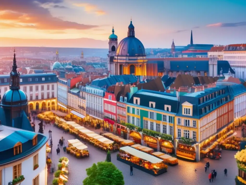 Encanto europeo de inversiones Oportunidades de inversión inmobiliaria en Europa: Ciudad europea con arquitectura histórica, rascacielos modernos, mercado animado y encanto cultural