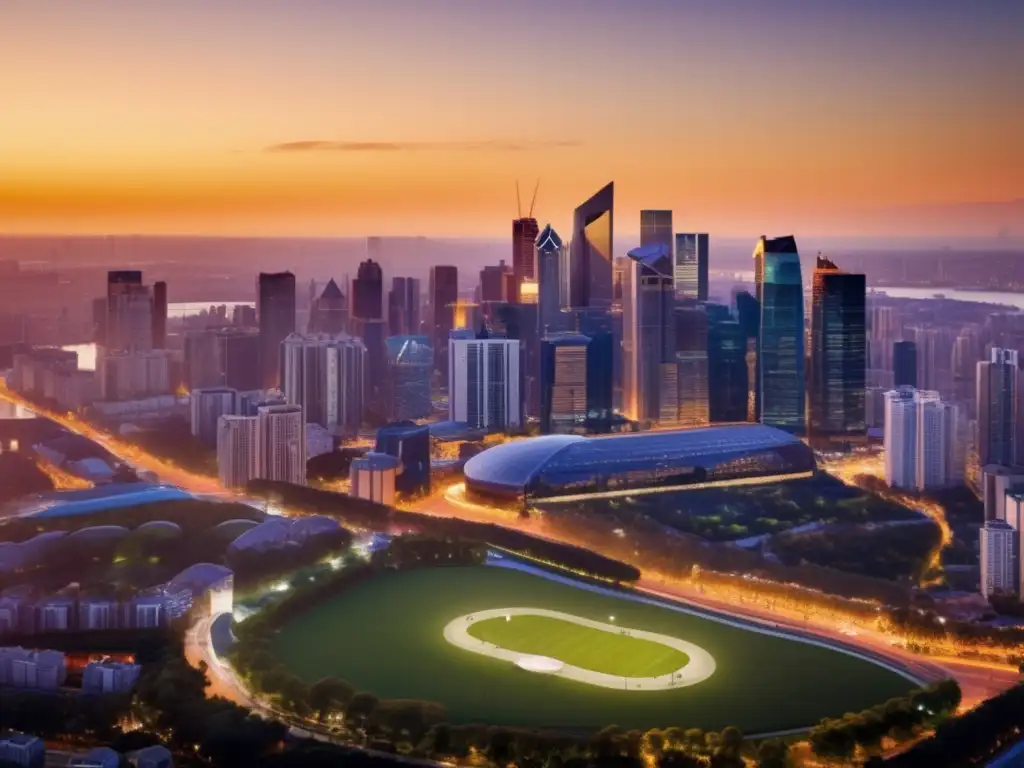 Panorámica urbana al atardecer Oportunidades inversión inmobiliaria: Ciudad vibrante al atardecer con modernos rascacielos, parque urbano y actividades recreativas