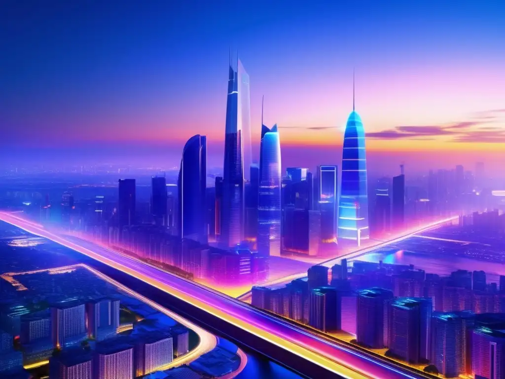Ciudad futurista con rascacielos iluminados Oportunidades inversión inmobiliaria digital, ciudad moderna con rascacielos futuristas y tecnología integrada