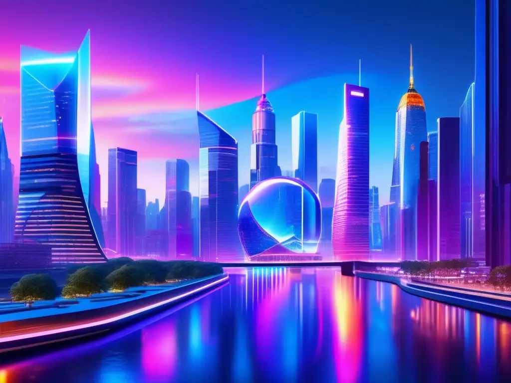 Futurista ciudad con rascacielos de vidrio y acero Oportunidades de inversión inmobiliaria digital en futurista ciudad con rascacielos de vidrio y acero, iluminada por luces neón y un río en el centro
