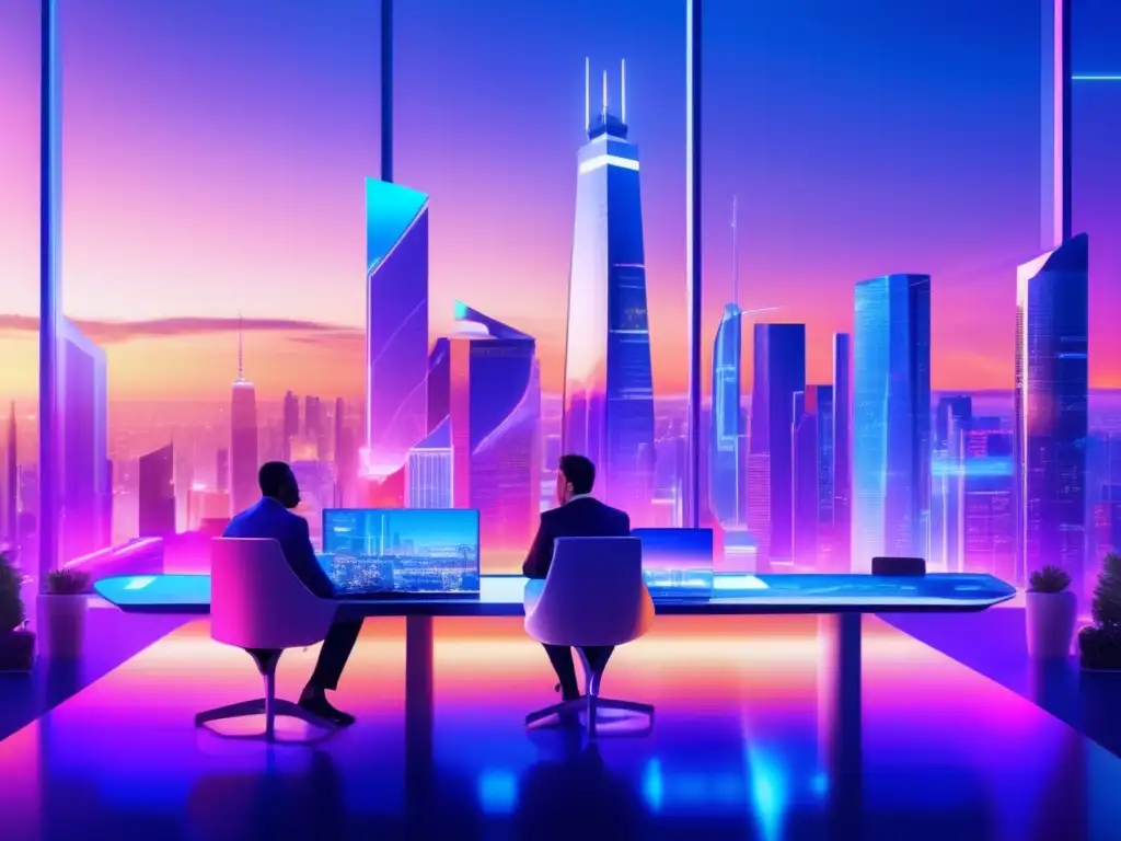 Futuro ciudad nocturna, inversión inmobiliaria digital y seguridad de datos Oportunidades inversión inmobiliaria digital en ciudad futurista al anochecer
