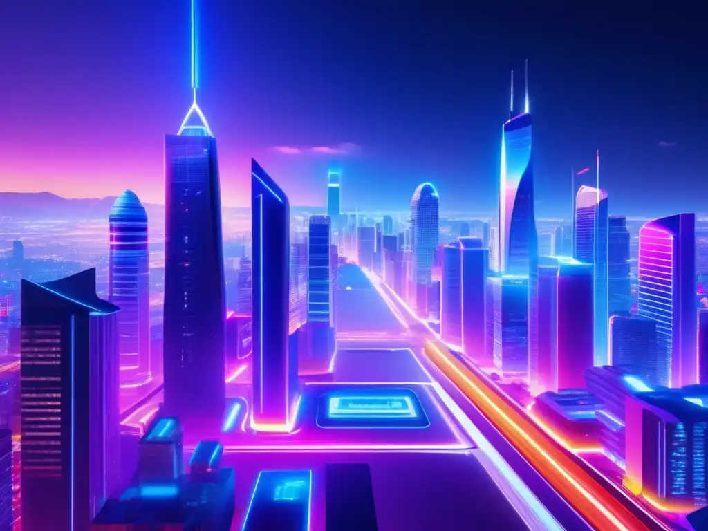 Ciudad futurista: oportunidad digital Oportunidades de inversión inmobiliaria digital en una ciudad futurista con rascacielos iluminados por luces de neón y tecnología integrada