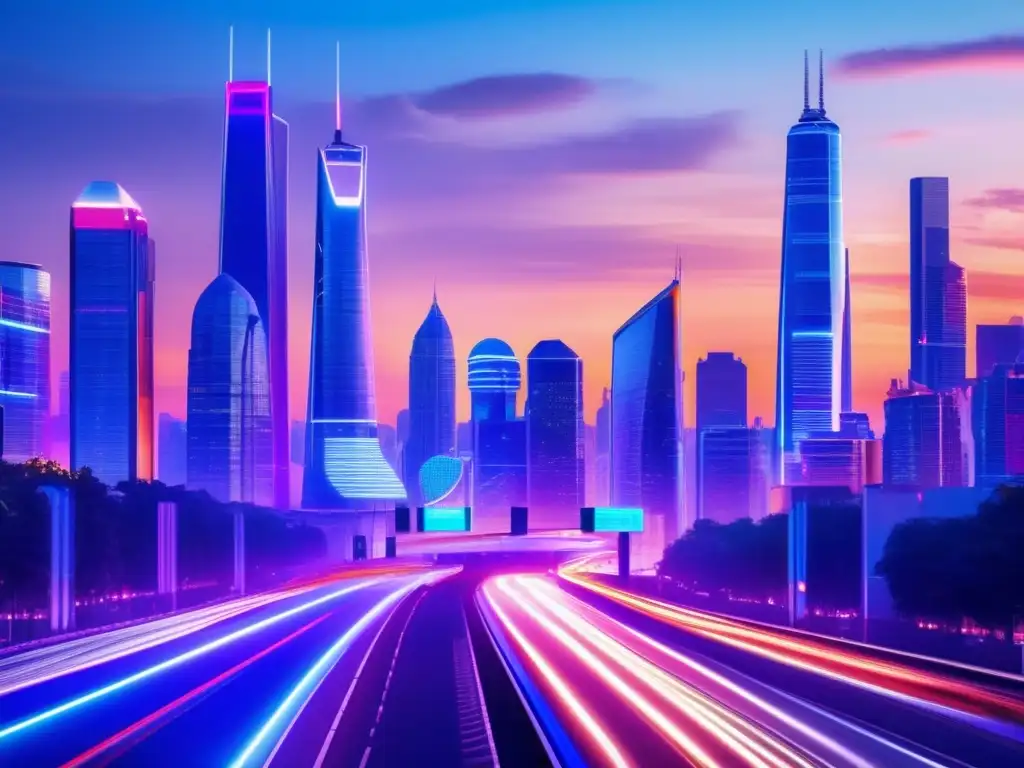 Ciudad moderna de noche con rascacielos iluminados Oportunidades de inversión inmobiliaria digital en una moderna ciudad conectada