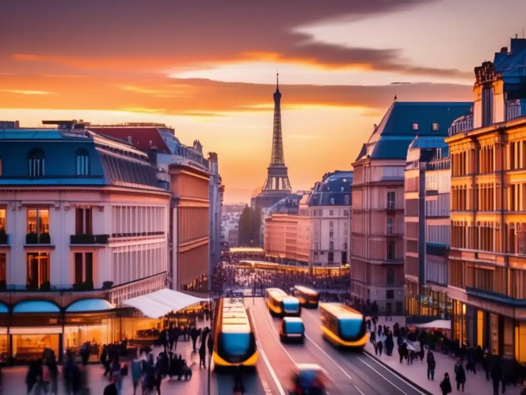 Ciudad europea al atardecer Oportunidades de inversión inmobiliaria en Europa: Ciudad europea moderna al atardecer, con rascacielos y una vibrante actividad en las calles