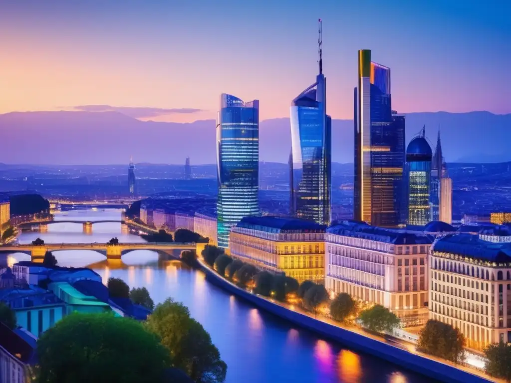 Oportunidades en bienes raíces europeos Oportunidades de inversión inmobiliaria en Europa: ciudad vibrante con rascacielos iluminados y arquitectura diversa