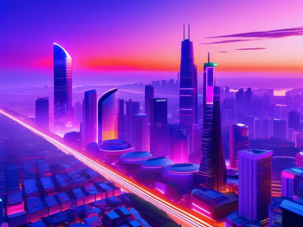 Futuroso paisaje urbano con tecnología y naturaleza Oportunidades de inversión para jóvenes: Futurista ciudad al atardecer con rascacielos, naturaleza y tecnología