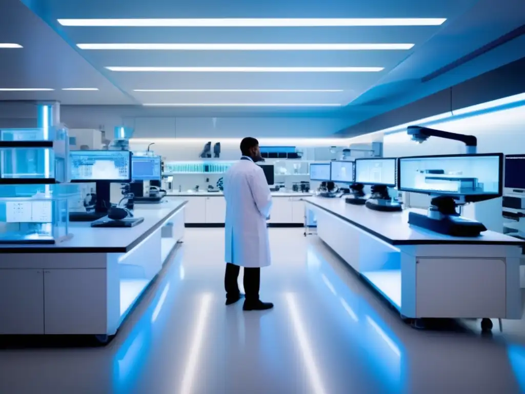 Innovador laboratorio biotecnológico Oportunidades de inversión en biotecnología: laboratorio futurista con tecnología avanzada y personal de investigación