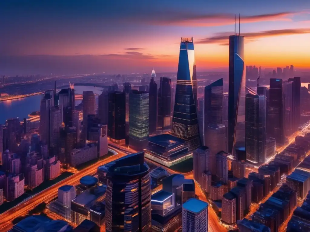 Metrópolis en crecimiento: ciudad moderna al atardecer Oportunidades de inversión a largo plazo en una ciudad vibrante al anochecer