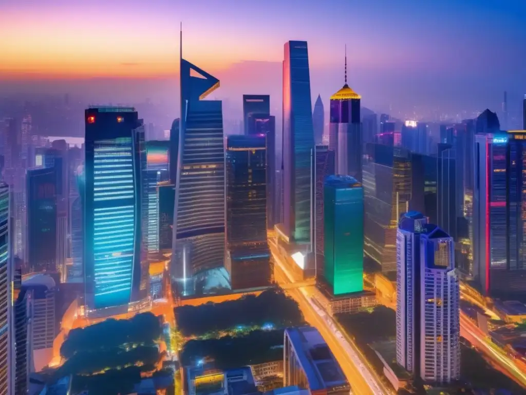 Ciudad moderna y vibrante al atardecer Oportunidades inversión en mercados emergentes: Ciudad dinámica al anochecer con rascacielos iluminados y energía vibrante
