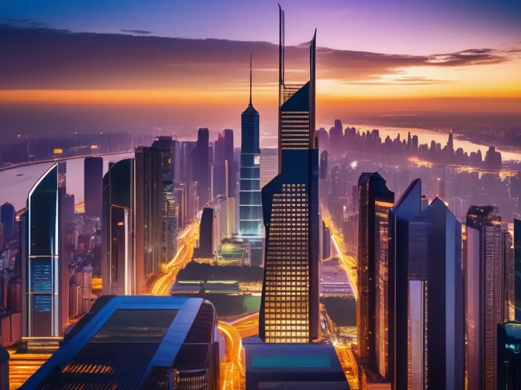 Ciudad en crecimiento y oportunidades de inversión Oportunidades inversión en mercados emergentes: Cityscape at sunset, modern skyscrapers, financial data, growth potential