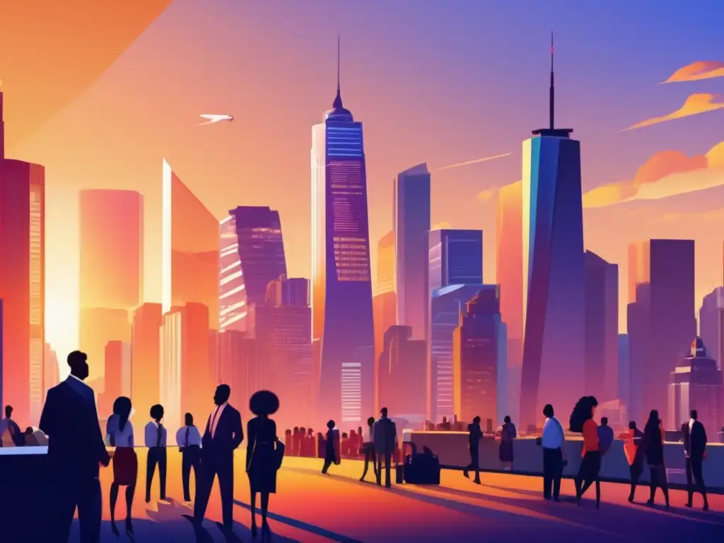 Ciudad vibrante y moderna al atardecer Oportunidades inversión en mercados emergentes - Ciudad vibrante al atardecer, rascacielos modernos y profesionales discutiendo