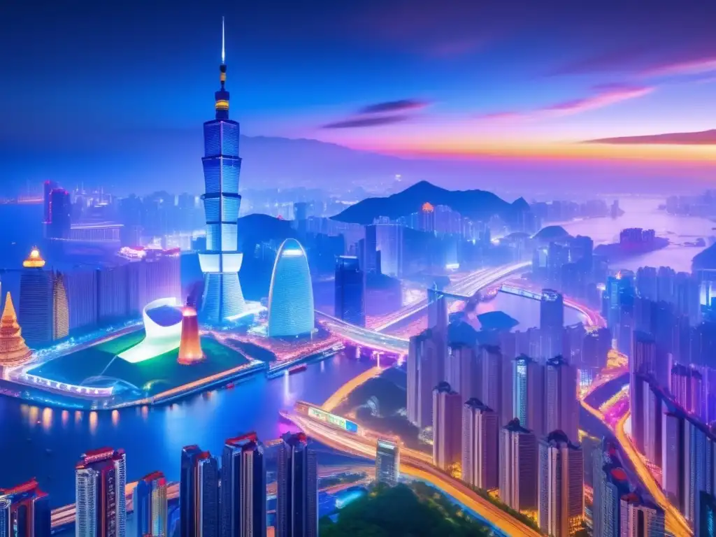 Ciudades emergentes: China, India y Brasil Oportunidades inversión en mercados emergentes: Ciudad nocturna vibrante con rascacielos iluminados, personas y carteles publicitarios