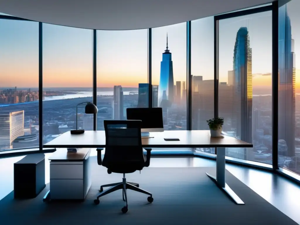 Oficina moderna con vista panorámica a la ciudad y equipo de profesionales Oportunidades inversión en mercados emergentes: oficina moderna con vista panorámica de la ciudad, mobiliario minimalista y profesionales en reunión