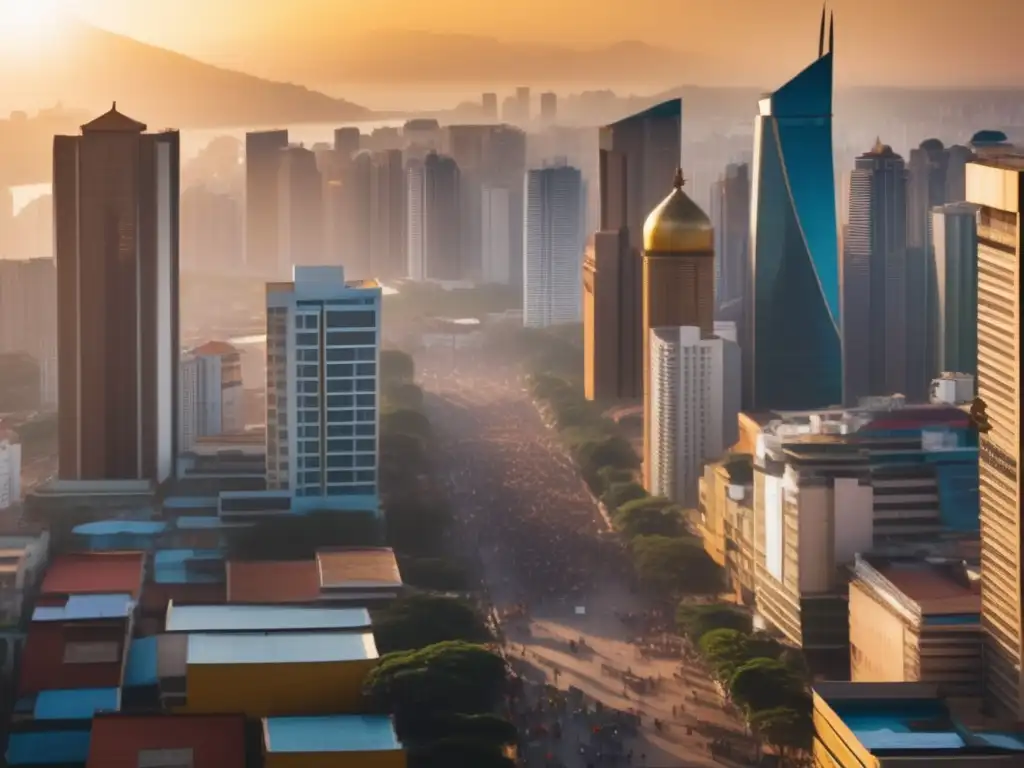The image captures the vibrant energy of an emerging market Oportunidades de inversión en mercados emergentes: ciudad vibrante con arquitectura mixta y gente activa en actividades comerciales