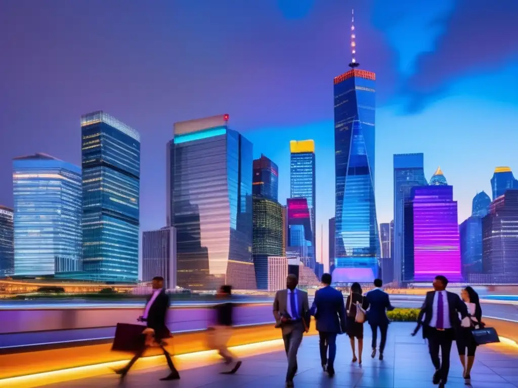 Skyscrapers iluminados de una ciudad vibrante Oportunidades de inversión en mercados emergentes: ciudad moderna, crecimiento urbano, desarrollo sostenible, paisaje vibrante y enérgico