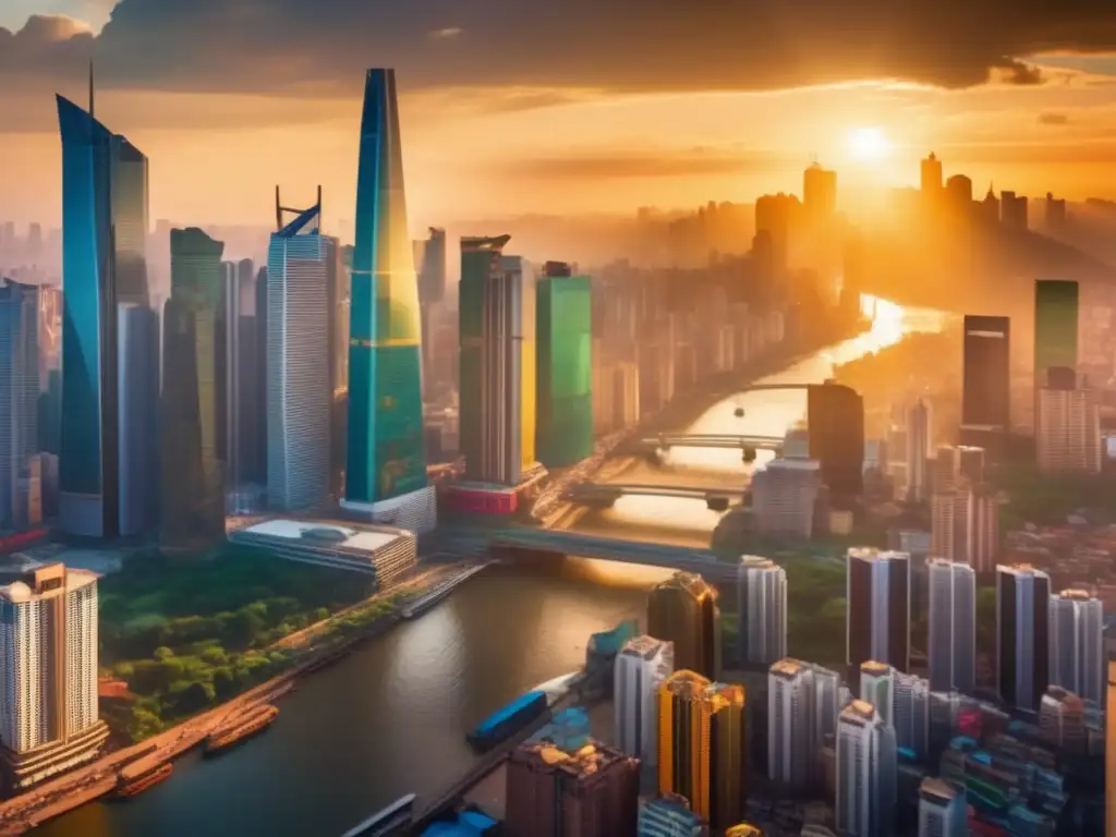Ciudad emergente llena de oportunidades Oportunidades de inversión en mercados emergentes: vibrante escenario urbano con rascacielos, mercados bulliciosos y diversidad cultural