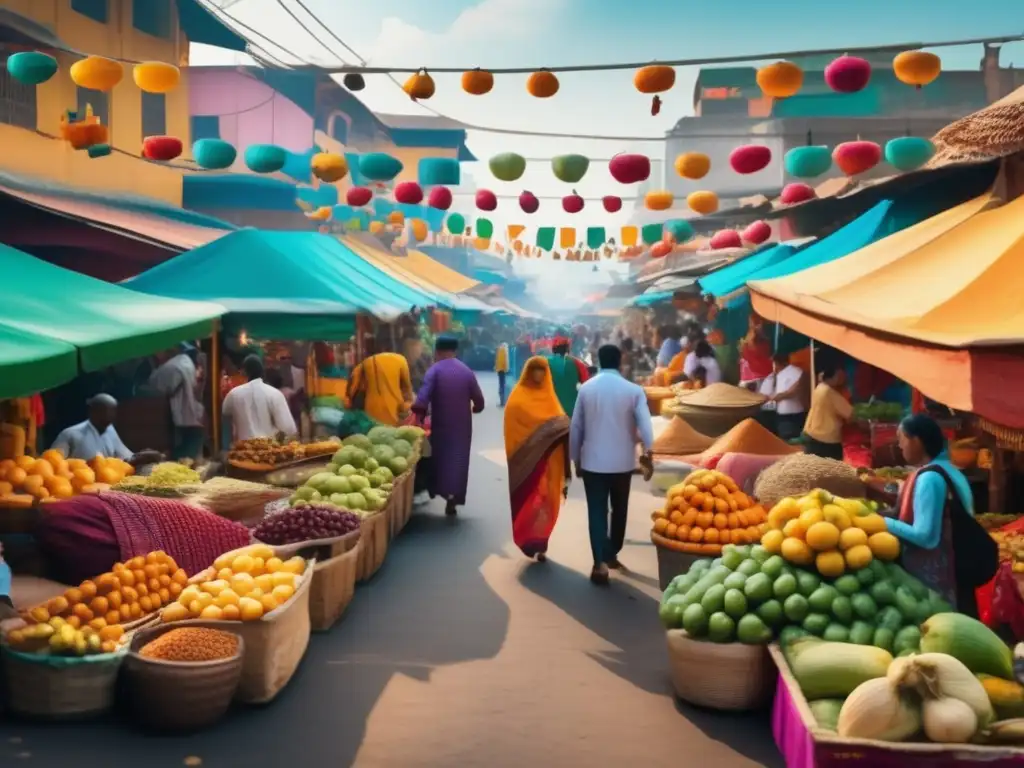 Mercado vibrante y diverso Oportunidades inversión mercados emergentes: Calle vibrante en ciudad emergente, con puestos coloridos y actividad económica diversa