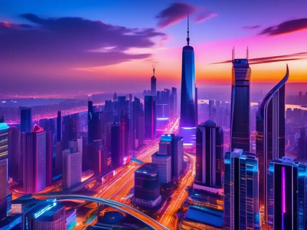 Ciudad vibrante con rascacielos y personas activas Oportunidades inversión mercados emergentes en ciudad vibrante, moderna y próspera al atardecer