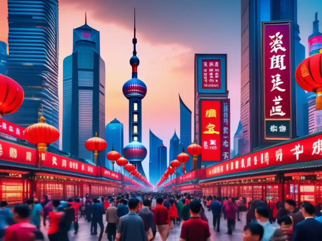 Calle animada en Shanghai: arquitectura futurista y elementos chinos Oportunidades inversión mercados emergentes: Calle vibrante en Shanghai, China - arquitectura futurista y elementos tradicionales chinos