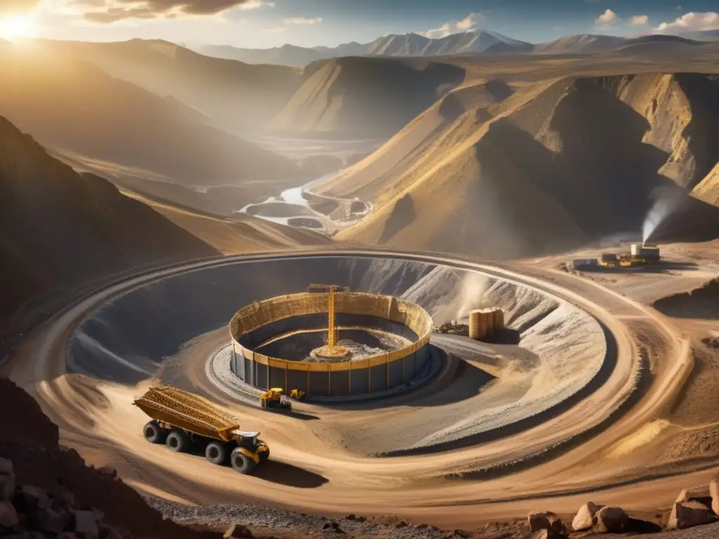 Intensa labor en mina de diamantes Oportunidades de inversión en minerales preciosos: Mina de diamantes con maquinaria y trabajadores en las montañas