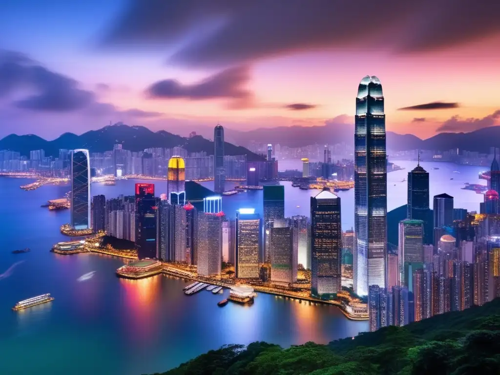 Oportunidades inversión en AsiaPacífico: Hong Kong de noche, rascacielos, luces y progreso