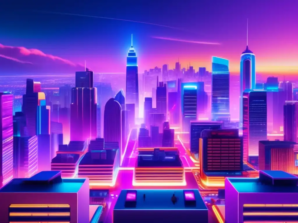 Ciudad nocturna: cine, música, videojuegos Oportunidades inversión en entretenimiento: ciudad nocturna con rascacielos, luces neón, cine, música y videojuegos