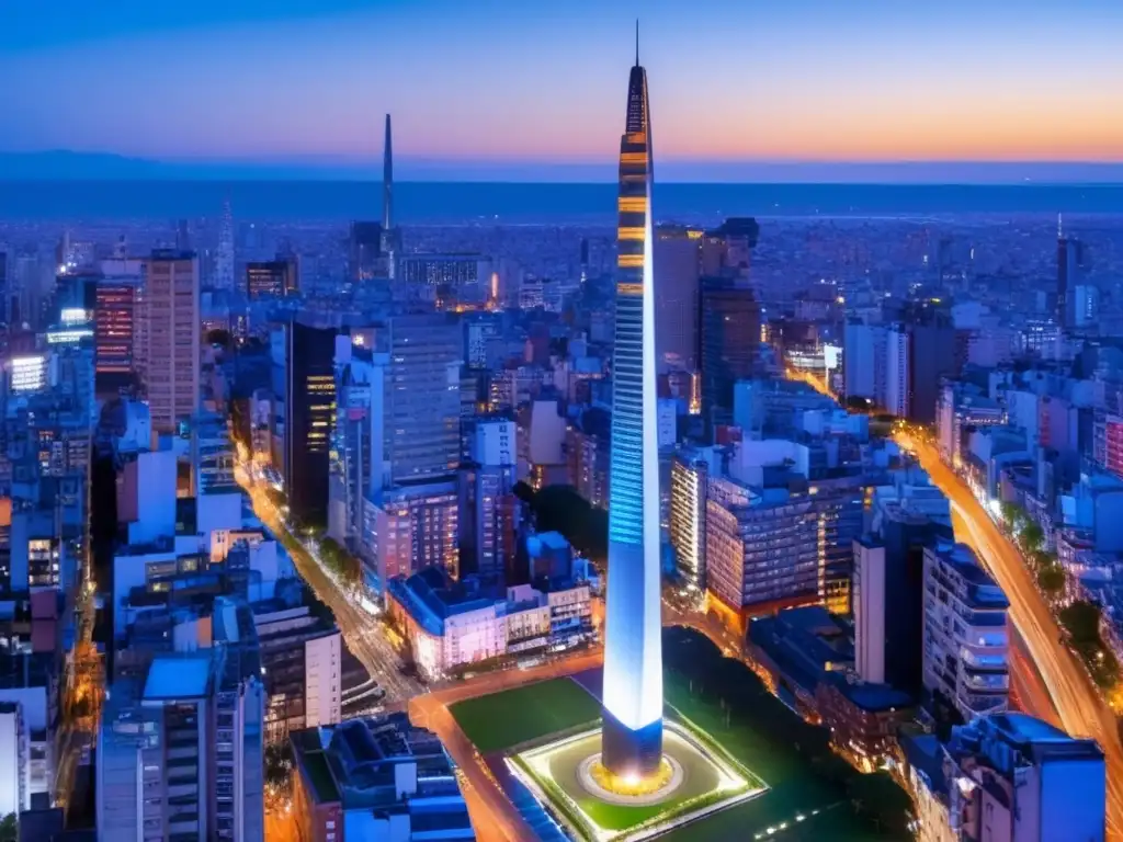 Skyline de Buenos Aires: Arquitectura moderna y energía vibrante Oportunidades de inversión en Argentina: Skyline de Buenos Aires al anochecer, con el Obelisco y rascacielos iluminados