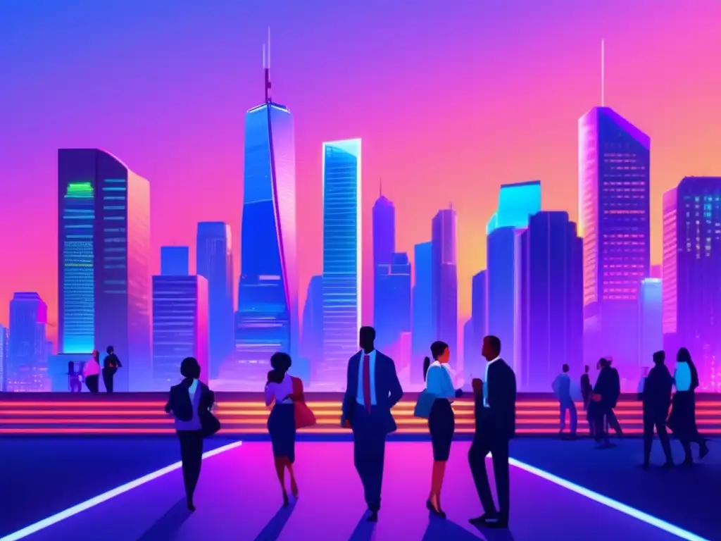 Ciudad nocturna vibrante y resiliente Oportunidades de inversión durante la pandemia: ciudad vibrante con rascacielos iluminados, reflejados en un río interconectando economías