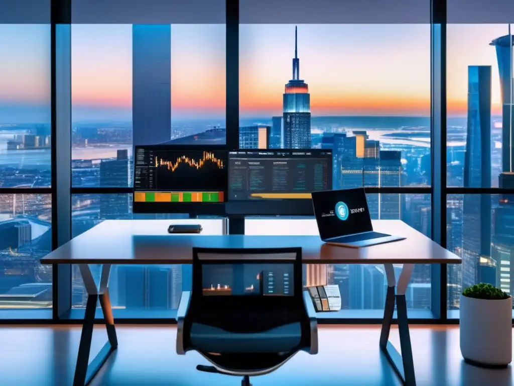 Oficina moderna con vista a la ciudad y tecnología avanzada Oportunidades de inversión en préstamos cripto en una oficina moderna con vista a la ciudad
