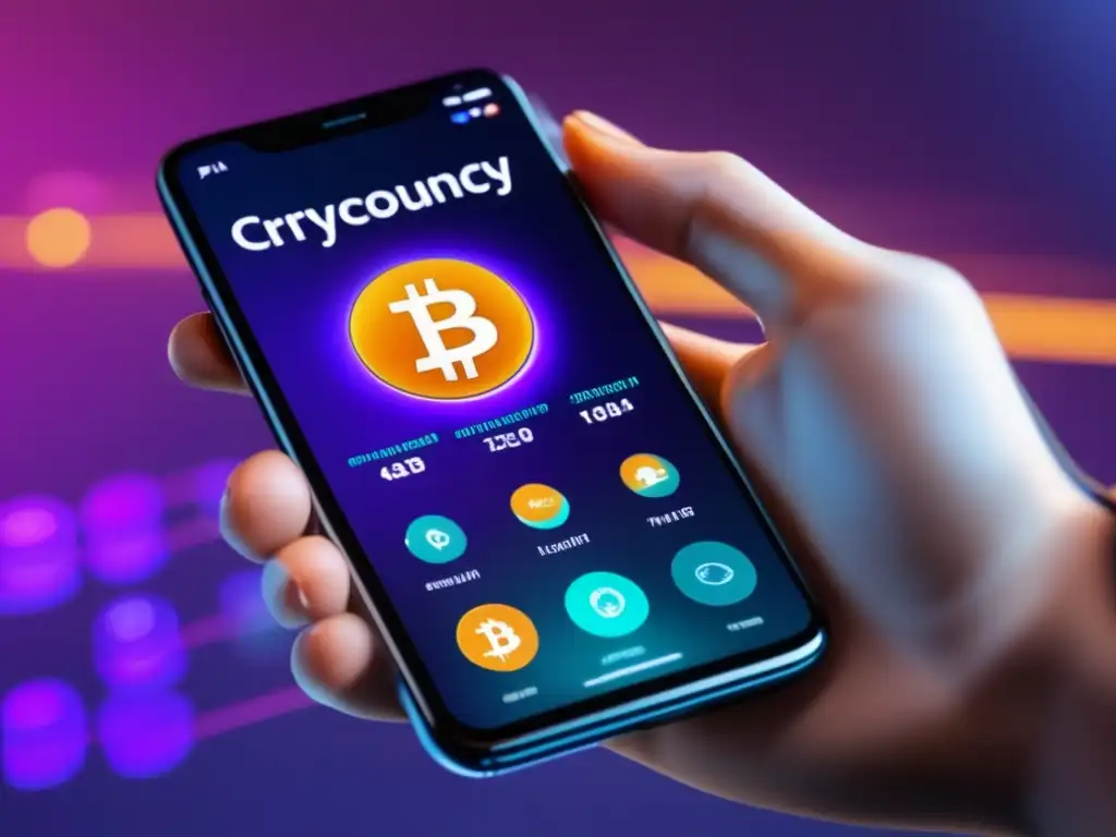 Mano sosteniendo app de préstamos de criptomonedas Oportunidades de inversión en préstamos cripto con diseño futurista y datos en tiempo real