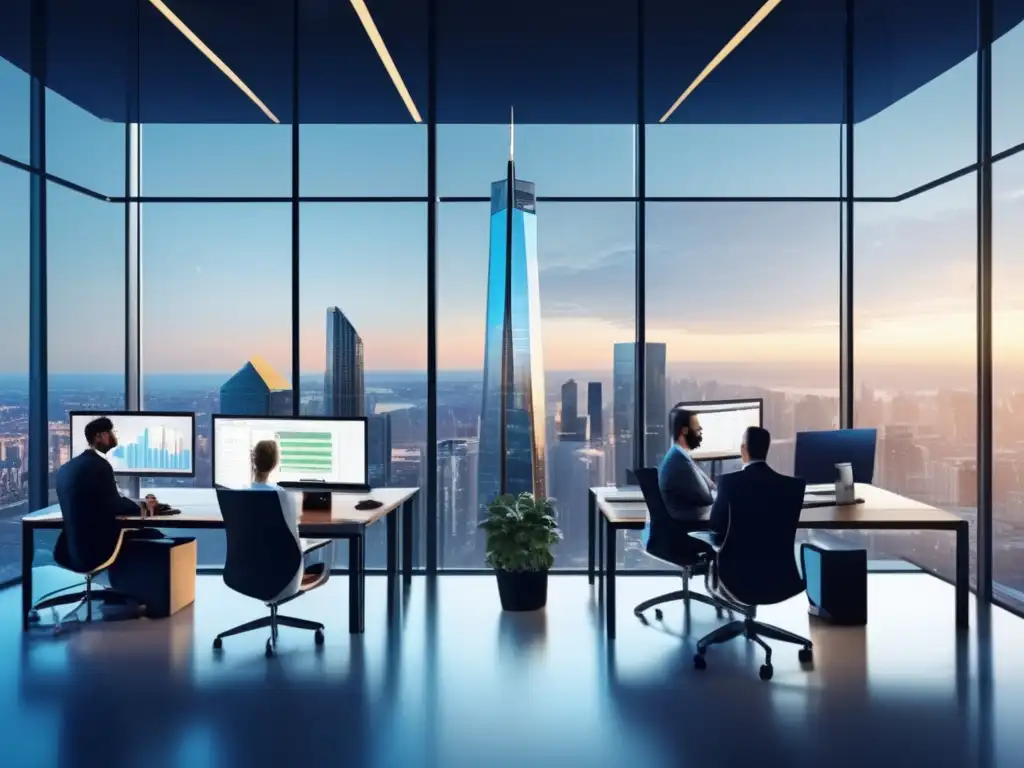 Oficina moderna con profesionales y tecnología Oportunidades de inversión en préstamos cripto en una oficina moderna con tecnología y profesionales discutiendo