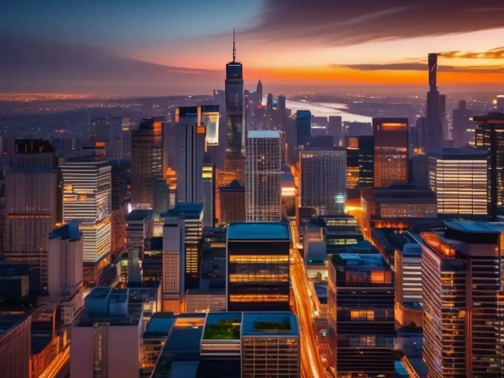 Ciudad moderna al atardecer Oportunidades inversión propiedades comerciales en ciudad vibrante al atardecer