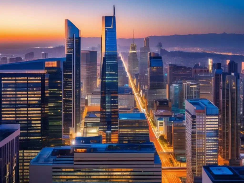 Ciudad vibrante al atardecer Oportunidades inversión propiedades comerciales: Ciudad vibrante con rascacielos modernos y luces brillantes al atardecer