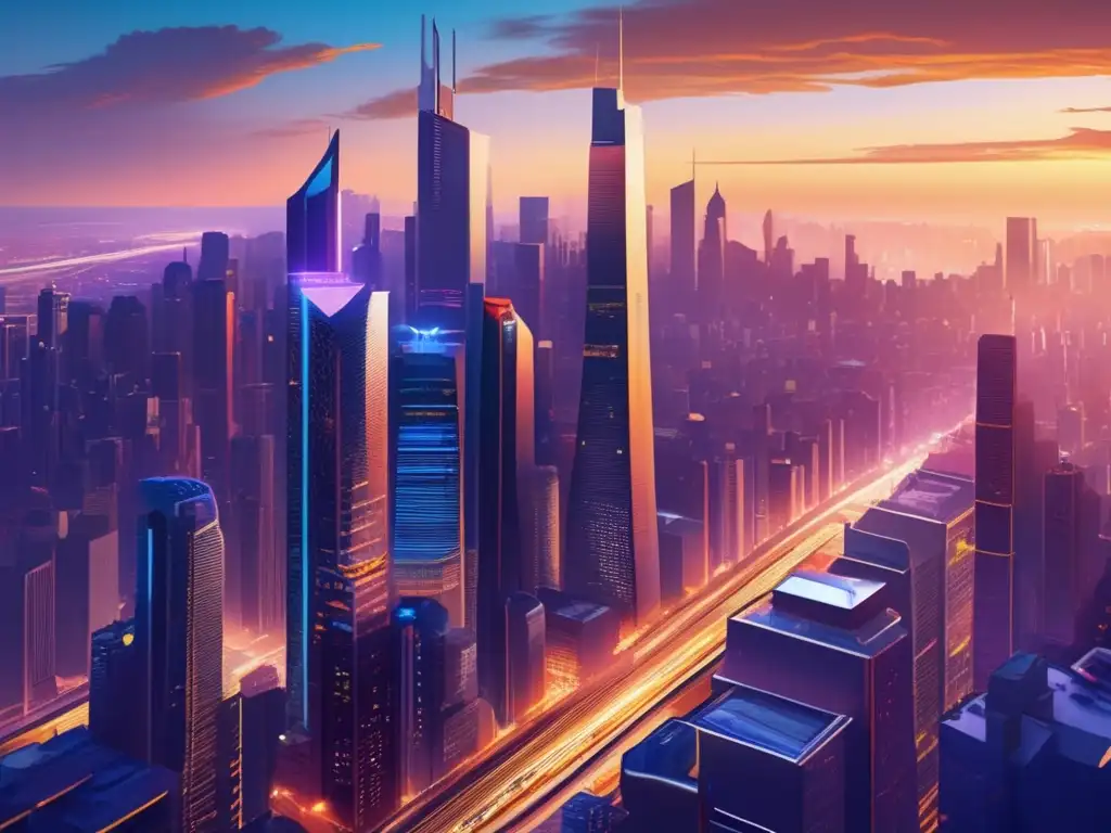 Ciudad moderna al atardecer: vibrante y futurista Oportunidades inversión propiedades comerciales en moderna ciudad al atardecer