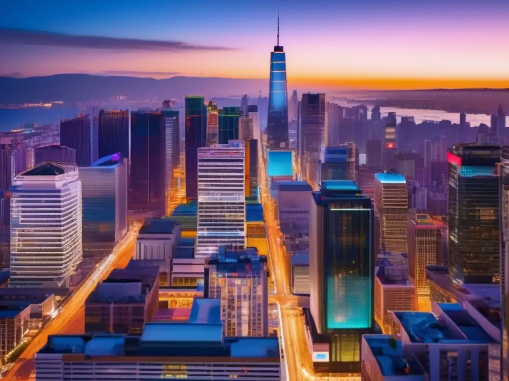 Ciudad urbana moderna al atardecer Oportunidades inversión propiedades comerciales en ciudad moderna al atardecer