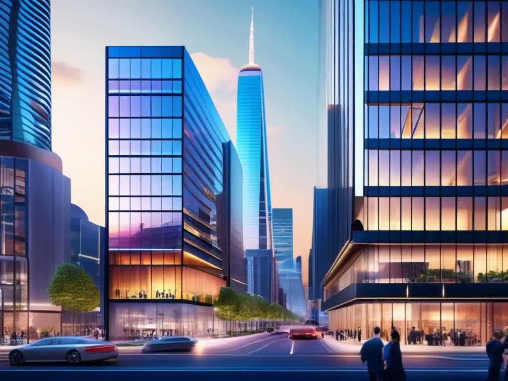 Edificio comercial moderno en vibrante distrito Oportunidades inversión propiedades comerciales en un moderno edificio comercial con fachadas de cristal y una vibrante ciudad de fondo