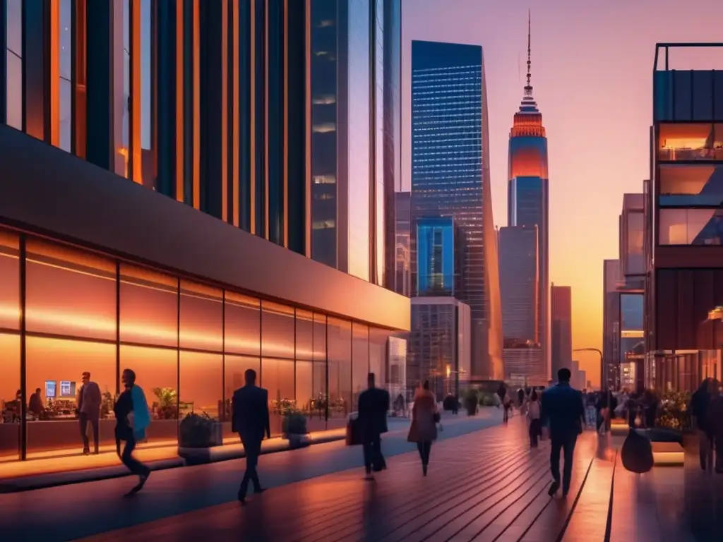 Distrito comercial vibrante al atardecer Oportunidades de inversión en propiedades comerciales emergentes en una ciudad vibrante al atardecer