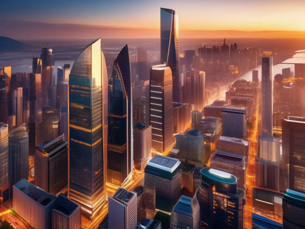 Ciudad emergente con rascacielos y ambiente comercial vibrante Oportunidades de inversión en propiedades comerciales emergentes en una vibrante ciudad con rascacielos de vidrio y una atractiva iluminación dorada