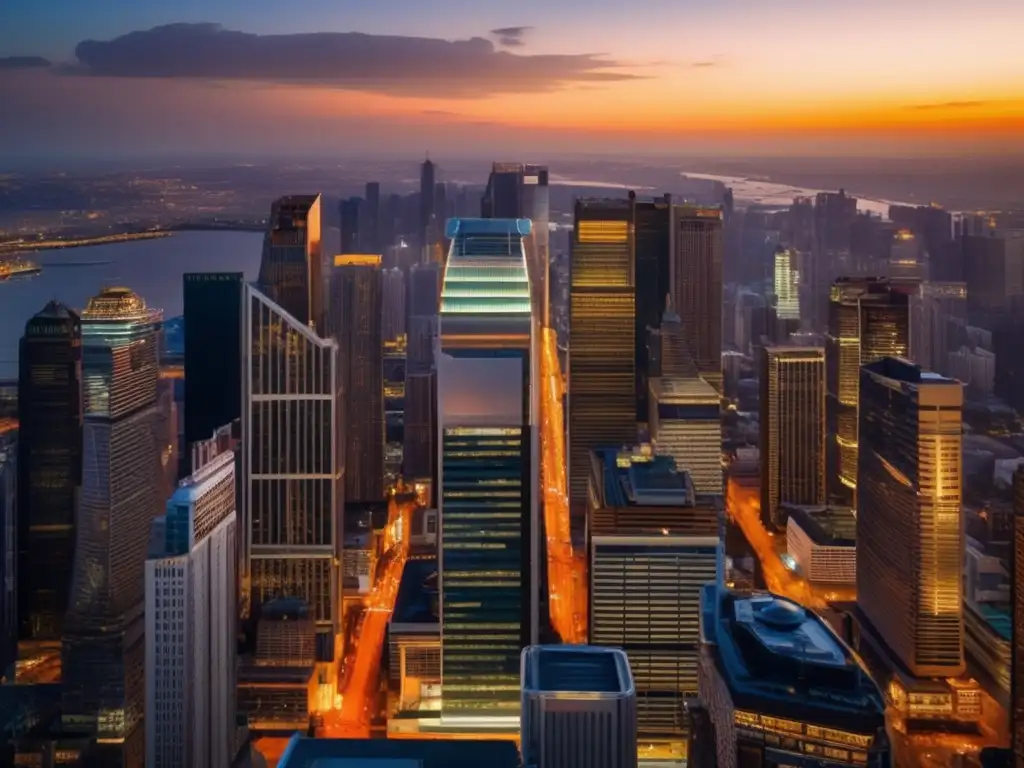 Impresionante ciudad al atardecer, con rascacielos iluminados Oportunidades de inversión en propiedades comerciales en crisis económicas