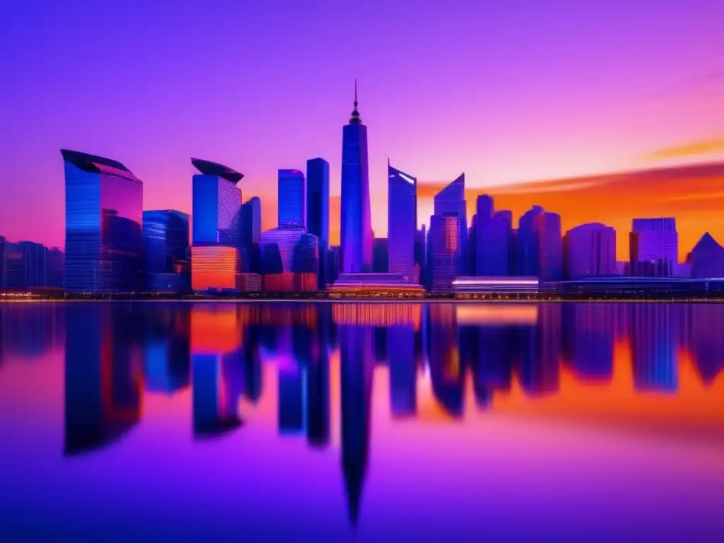 Oportunidades de inversión en ciudad moderna al atardecer Oportunidades inversión en sectores financieros alternativos: ciudad skyline, rascacielos, real estate, energía renovable, startups