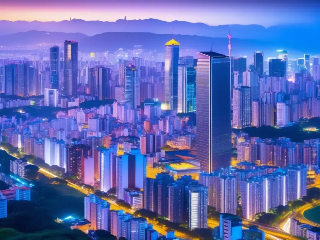 Impresionante skyline de São Paulo al atardecer Oportunidades de inversión en startups latinoamericanas: São Paulo, Brasil, un paisaje urbano vibrante capturado en una imagen 8k ultra detallada, iluminada por luces coloridas y rascacielos futuristas