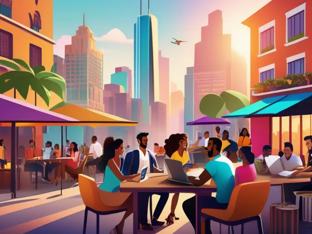 Emprendedores en una ciudad latinoamericana Oportunidades de inversión en startups latinoamericanas: Vibrante imagen de una ciudad latinoamericana con rascacielos al fondo y emprendedores jóvenes discutiendo en una cafetería al aire libre