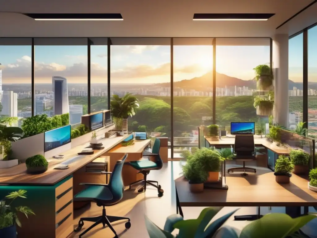 Escena vibrante de un hub tecnológico en una ciudad latinoamericana Oportunidades de inversión en startups latinoamericanas: Escena vibrante de un centro tecnológico en una ciudad latinoamericana, con edificio moderno rodeado de vegetación exuberante