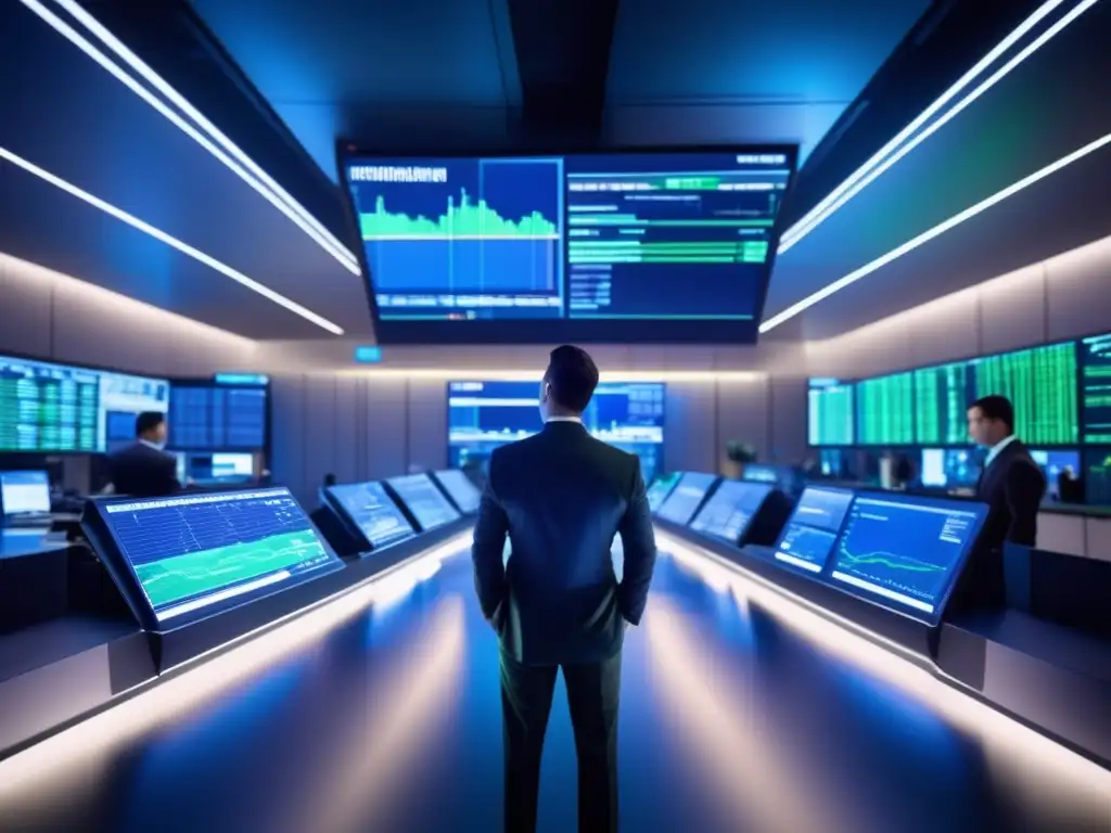 Sala de trading futurista con tecnología avanzada y ambiente dinámico Oportunidades de inversión en trading: Futurista trading floor con diseño moderno y tecnología de vanguardia