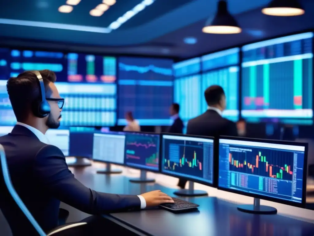 Traders analizando datos en una moderna sala de trading Oportunidades de inversión en trading: trading floor con traders analizando datos en tiempo real y ambiente sofisticado
