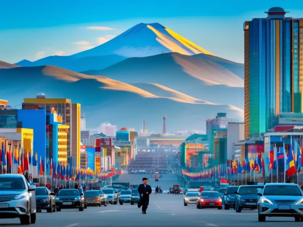 Ulaanbaatar: Callejones bulliciosos y oportunidades de inversión Oportunidades inversión en Mongolia y Vietnam, vibrante escena urbana con inversores discutiendo estrategias y arquitectura tradicional