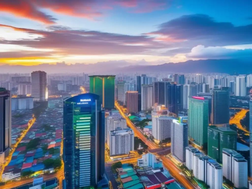 Vibrante escena económica en Manila Oportunidades de inversión en Filipinas: vibrante imagen de Manila, con rascacielos modernos y bulliciosos mercados, reflejando la vitalidad económica del país