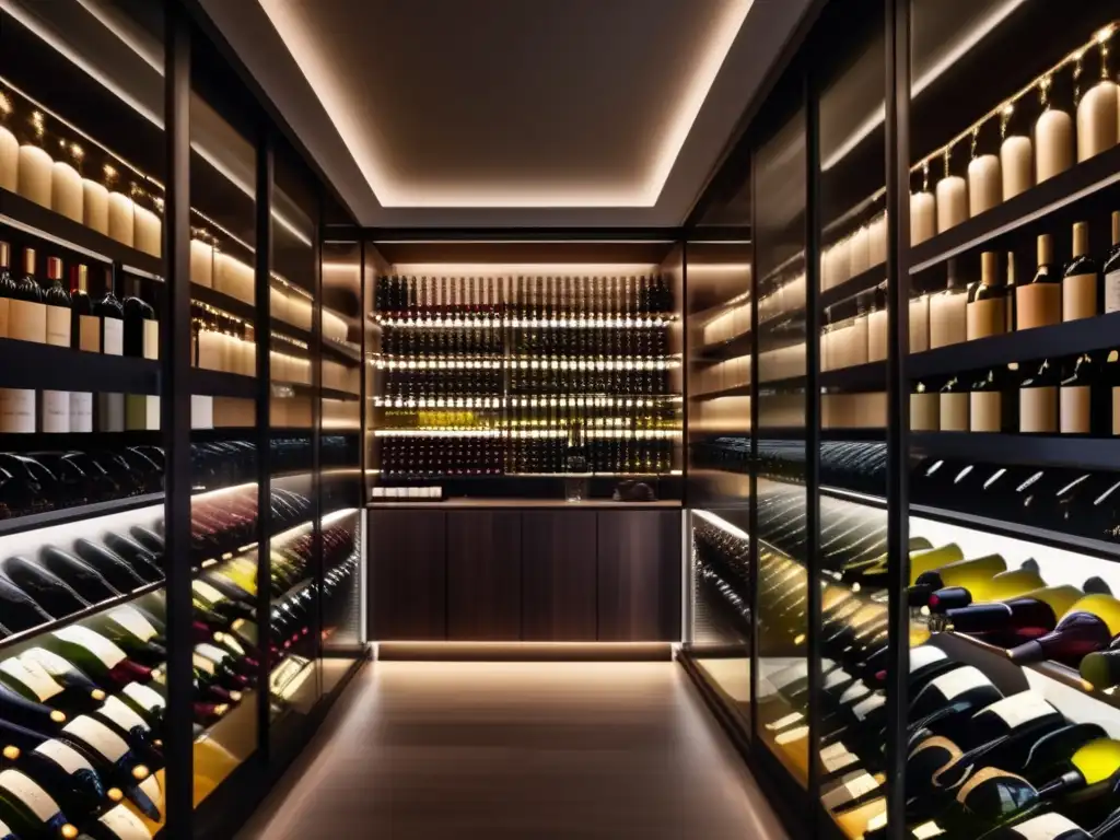 Exclusiva bodega de vinos de lujo Oportunidades de inversión en vino: imagen cautivadora de una elegante y sofisticada bodega con botellas de vino meticulosamente organizadas en gabinetes de vidrio