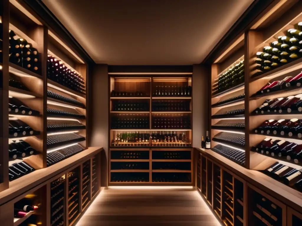 Lujosa bodega de vinos con botellas meticulosamente organizadas Oportunidades de inversión en vino: lujosa bodega de vinos, elegante iluminación, sommelier experto y botellas meticulosamente seleccionadas