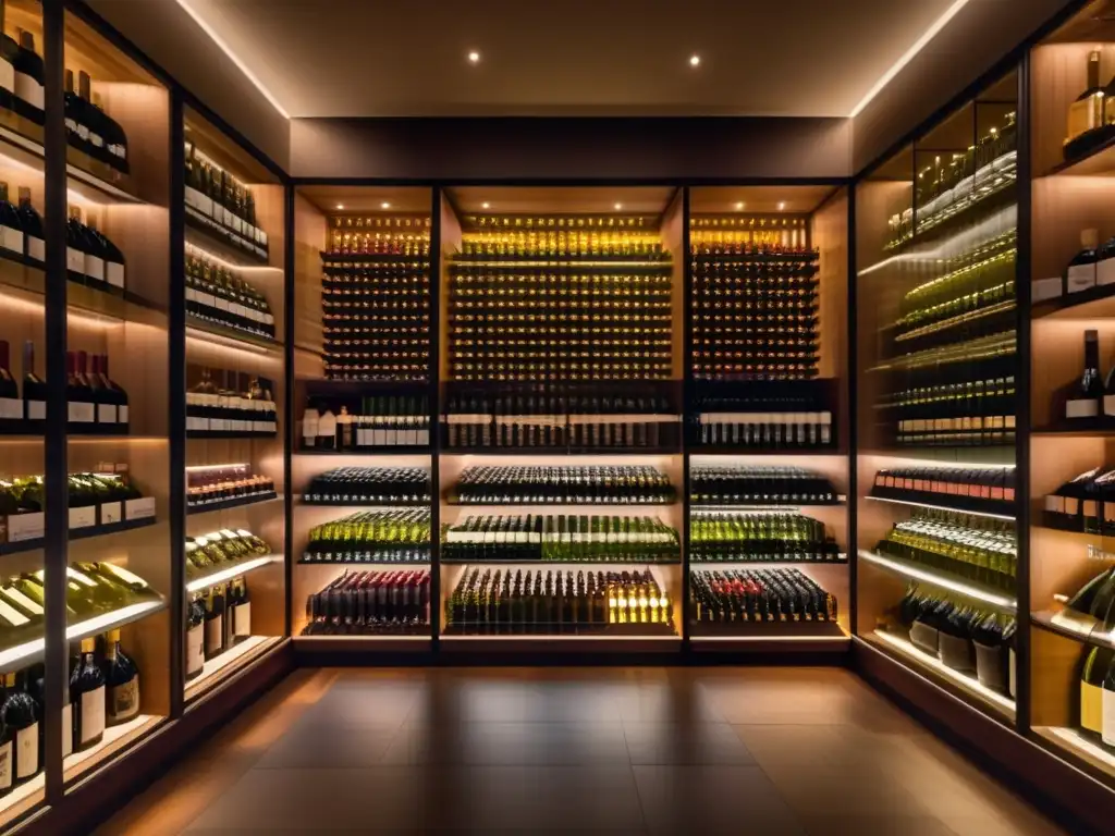Bodega moderna con vinos seleccionados Oportunidades de inversión en vino: Bodega moderna con paredes de vidrio, botellas ordenadas por región y diseño elegante y sofisticado